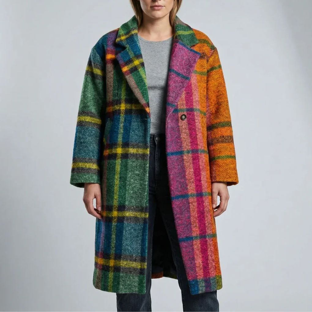 Lång Rutig Färgblock Overcoat för Kvinnor