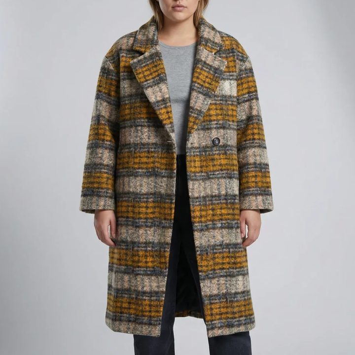 Lång Rutig Färgblock Overcoat för Kvinnor