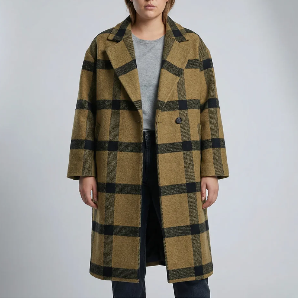 Lång Rutig Färgblock Overcoat för Kvinnor