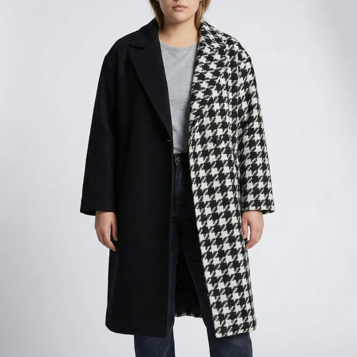 Lång Rutig Färgblock Overcoat för Kvinnor