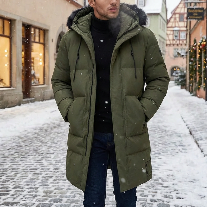Lång quiltad jacka med huva för män