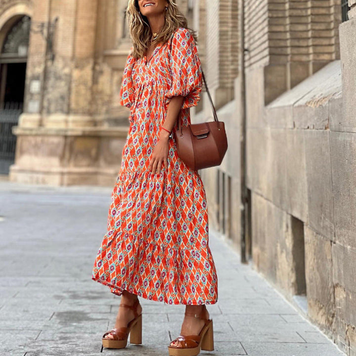 Vintage Floral Print V-Neck Short Sleeve Long Dress