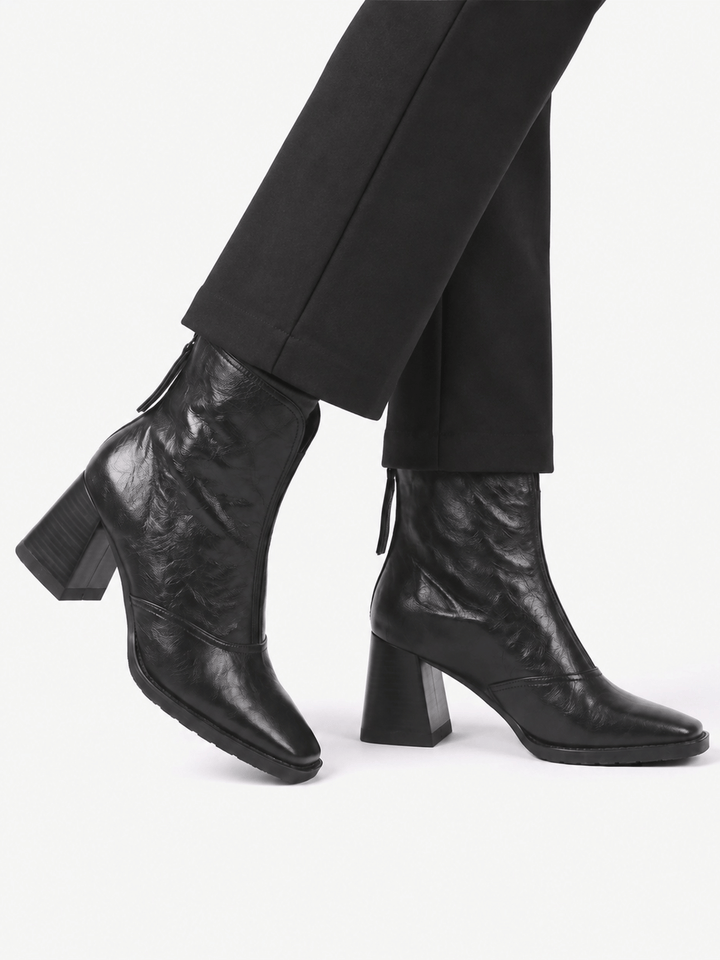 Boots i läder med blockklack och dragkedja för dam