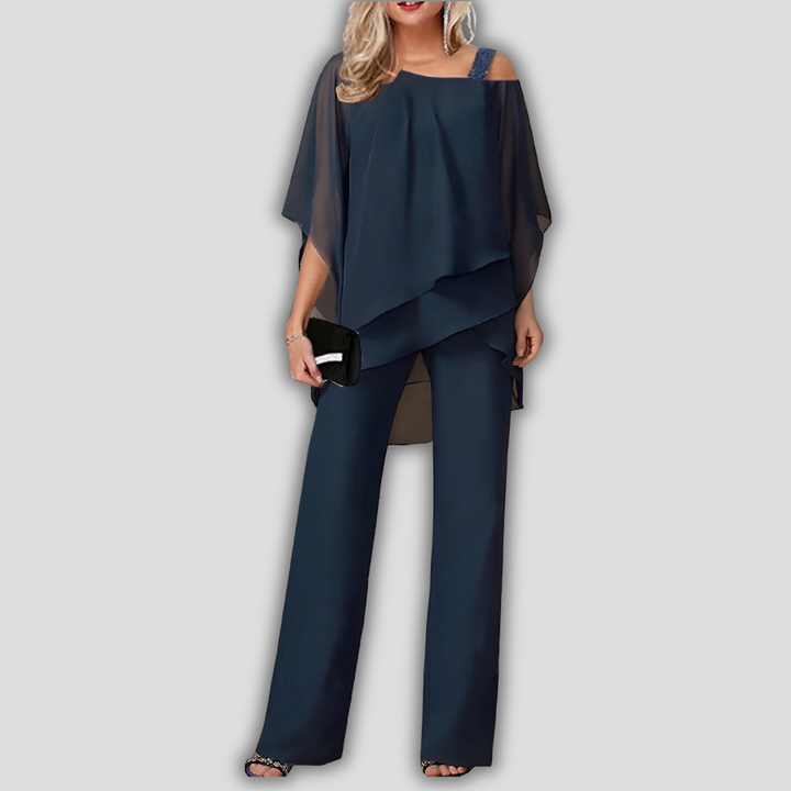 Elegant Tvådelad Chiffon Lager Cape Byxdress för Kvinnor