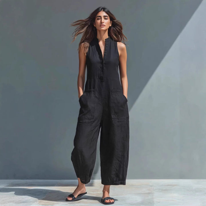 Sleeveless V-Neck Jumpsuit With Pockets Casual Wide-Leg Trousers