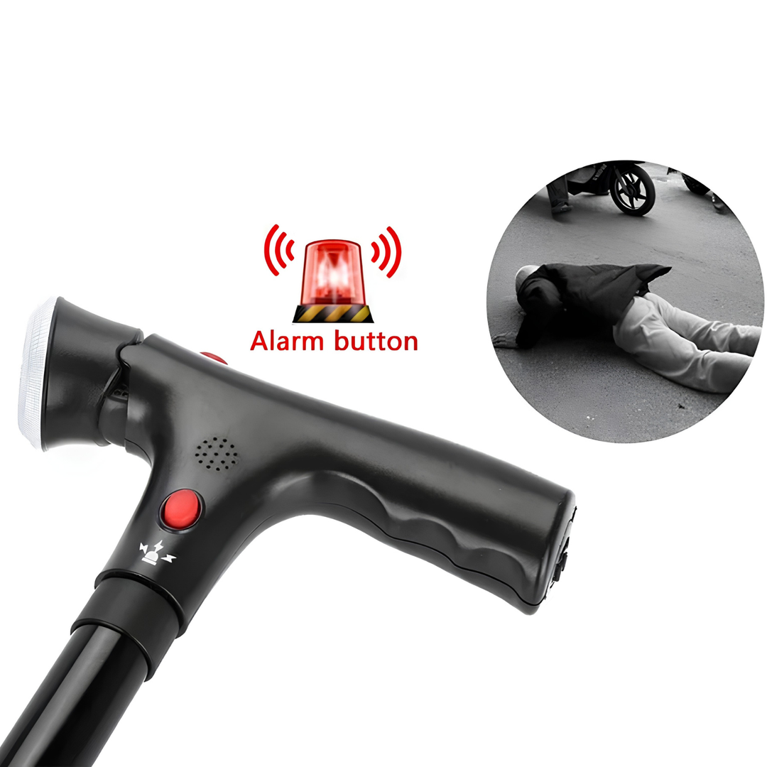Fällbar käpp med dubbla handtag, alarm och ljus