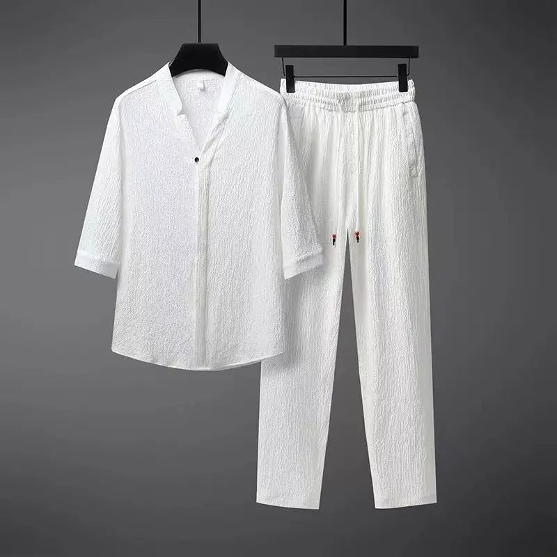 Vintage Linne Träningsoverall 2-Dela Set för Män
