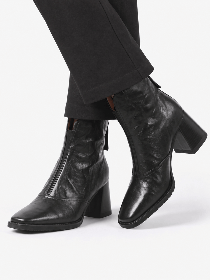 Boots i läder med blockklack och dragkedja för dam