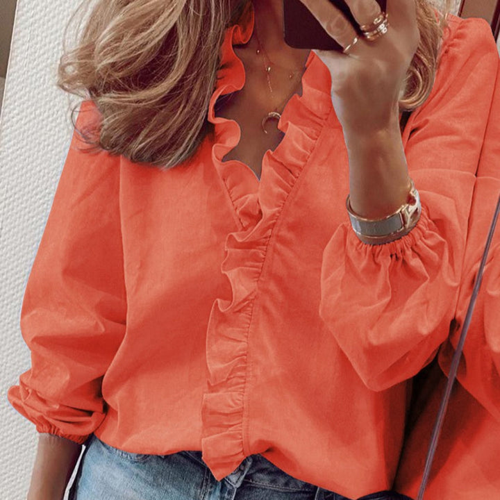 Teal Ruffle Trim Blus med Puffärmar