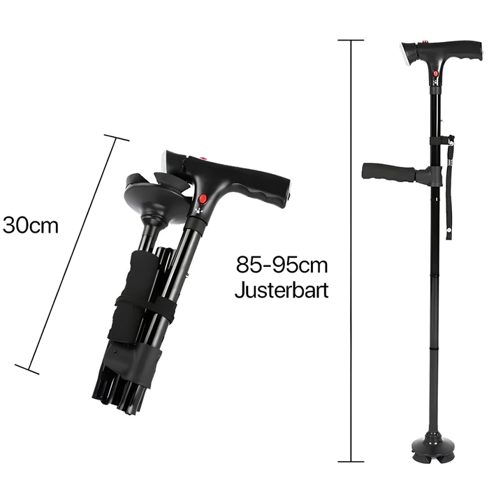Fällbar käpp med dubbla handtag, alarm och ljus