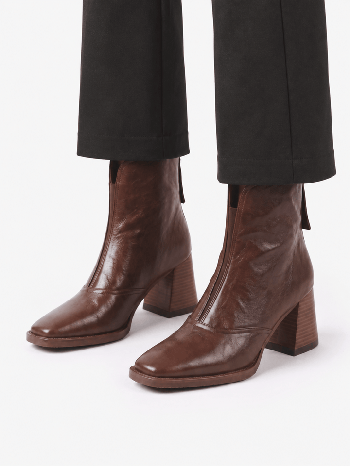 Boots i läder med blockklack och dragkedja för dam