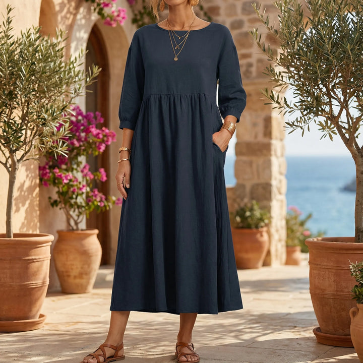 Florvana - 3/4 Sleeve Smocked Bodice Midi Dress