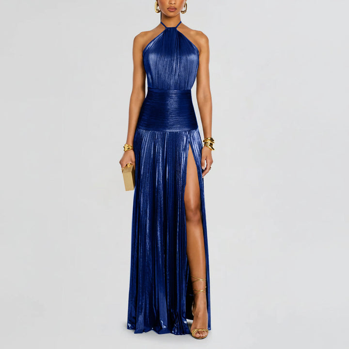 Pleated Halter Neck Long Dress Split Sleeveless Evening Party