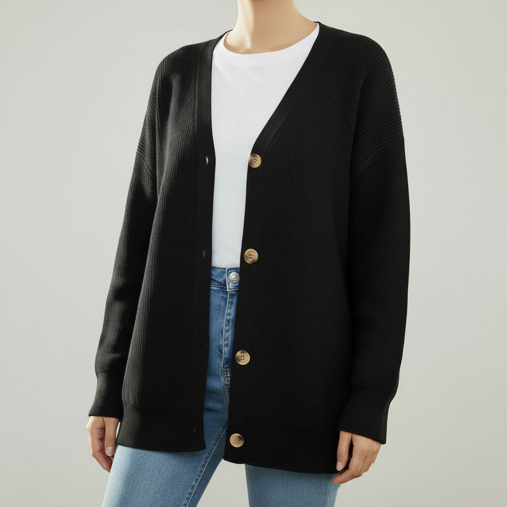 Oversized V-Neck Cardigan med Knappstängning för Kvinnor