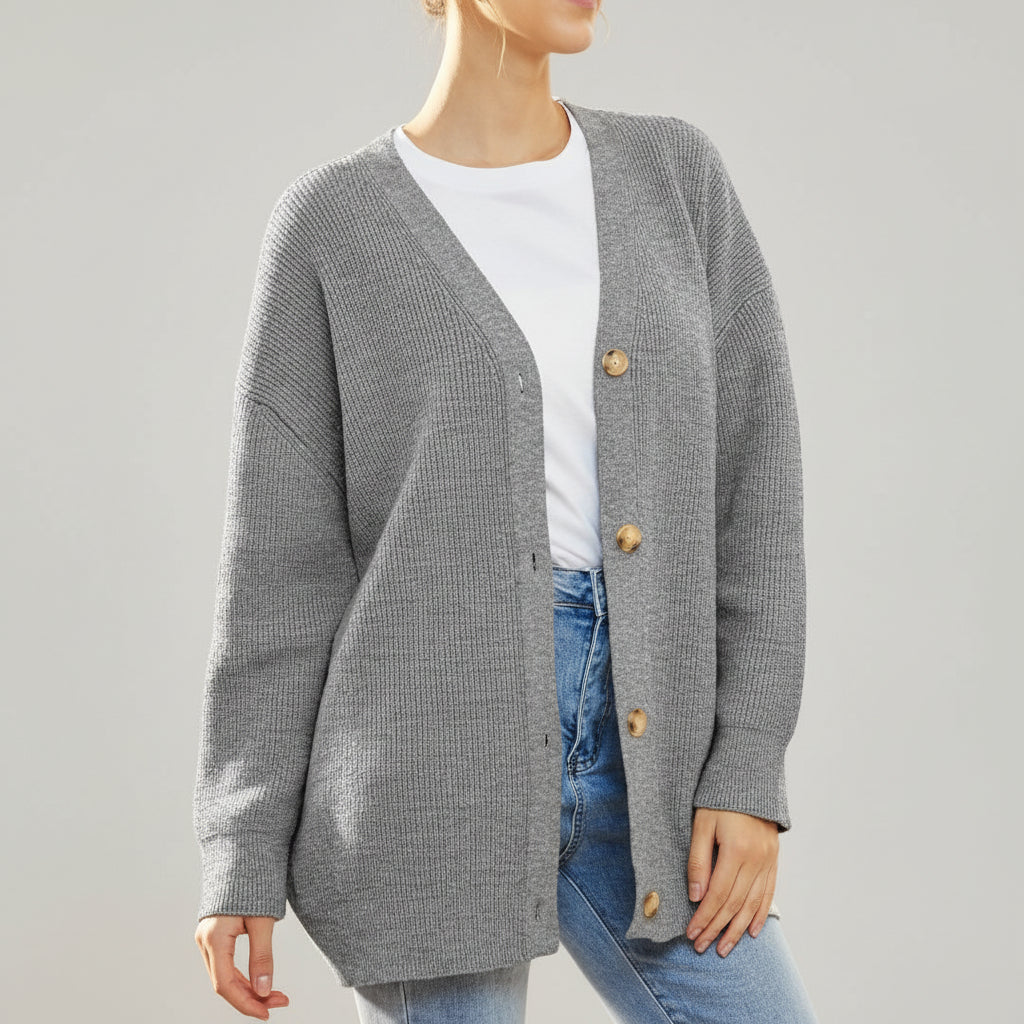 Oversized V-Neck Cardigan med Knappstängning för Kvinnor