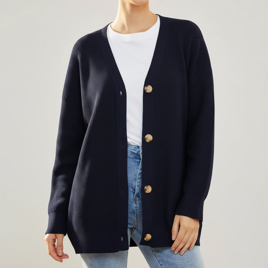 Oversized V-Neck Cardigan med Knappstängning för Kvinnor