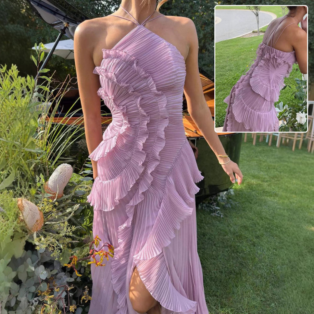 Ruffled Pleated Halterneck Dress Summer Irregular Hem Party Evening Gown