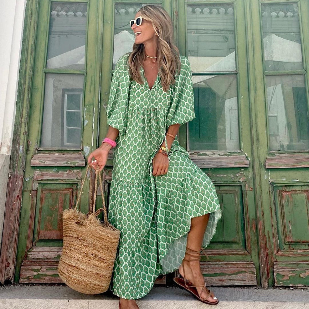 Vintage Floral Print V-Neck Short Sleeve Long Dress