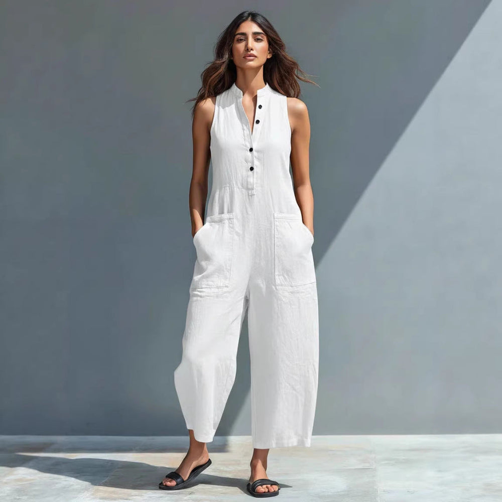 Sleeveless V-Neck Jumpsuit With Pockets Casual Wide-Leg Trousers
