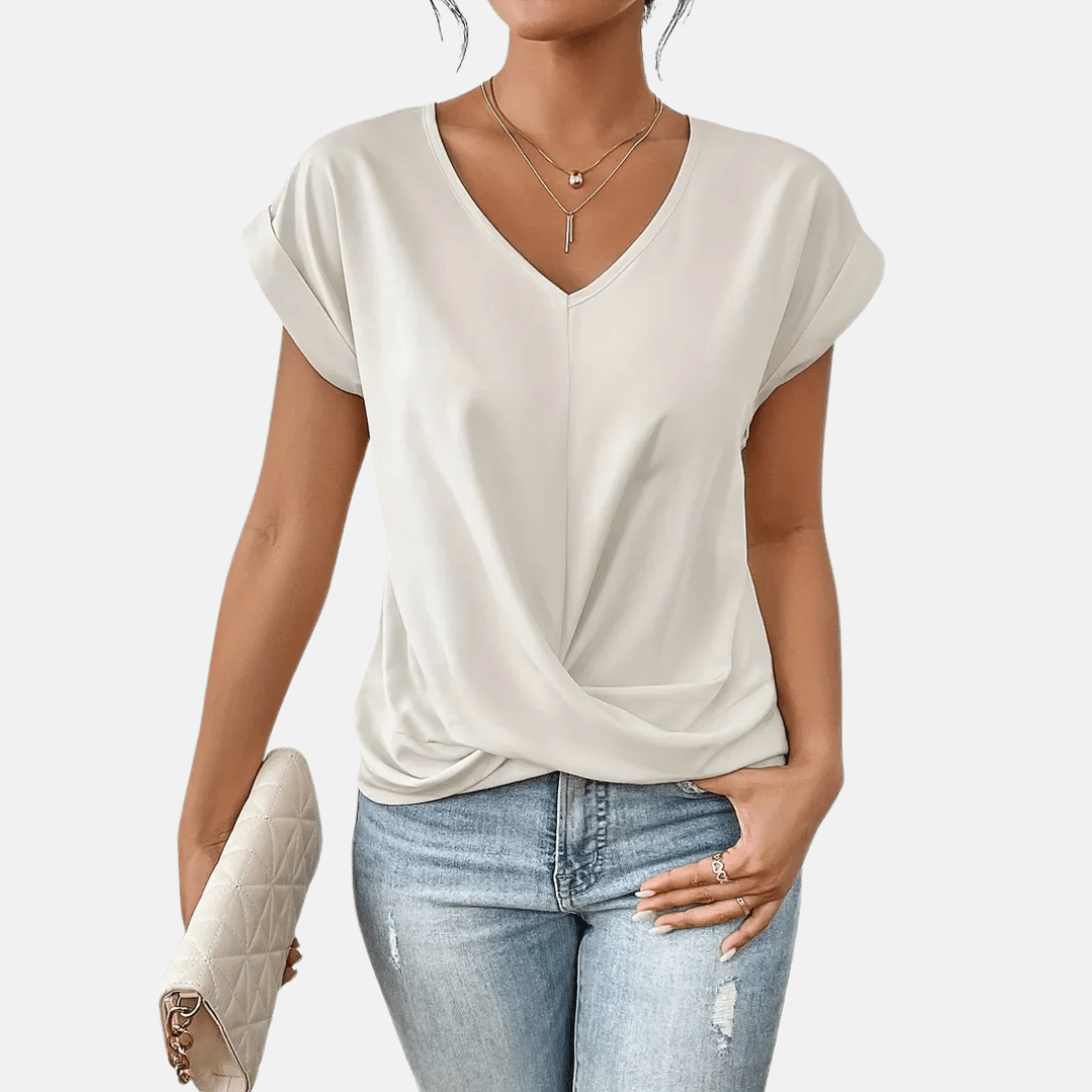 Kvinnors V-ringad Blus med Draperad Nedre Del