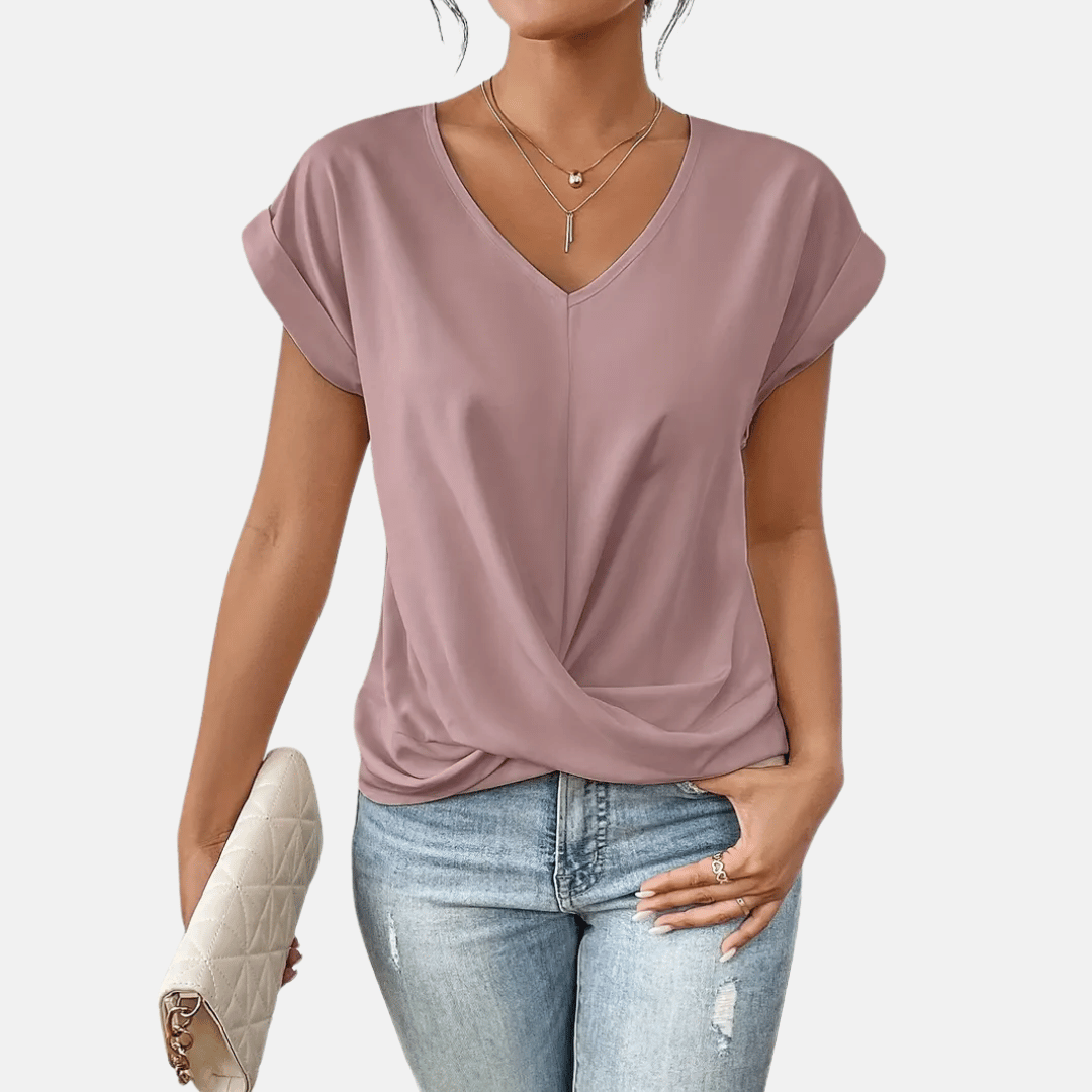 Kvinnors V-ringad Blus med Draperad Nedre Del