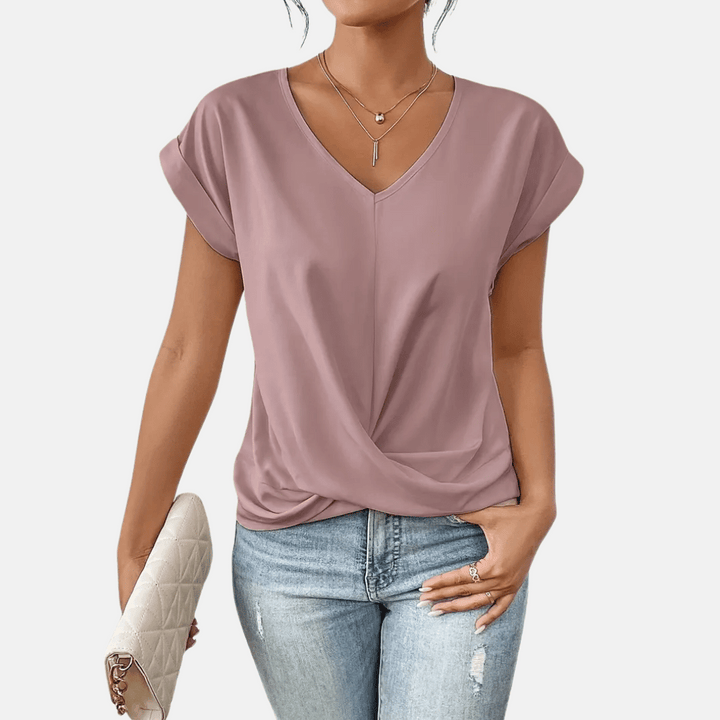 Kvinnors V-ringad Blus med Draperad Nedre Del