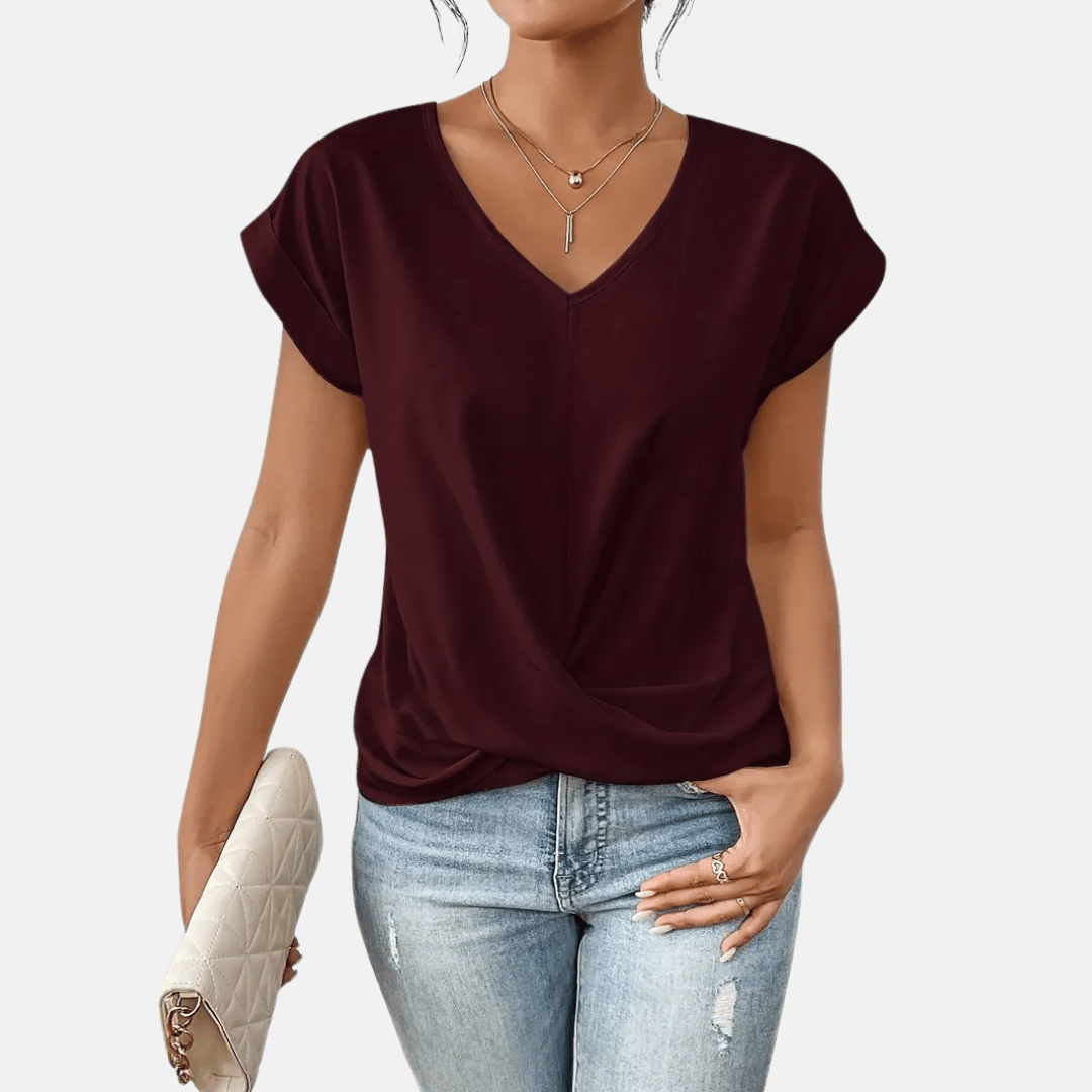 Kvinnors V-ringad Blus med Draperad Nedre Del