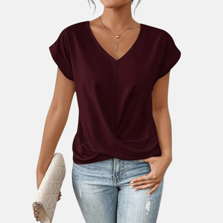 Kvinnors V-ringad Blus med Draperad Nedre Del