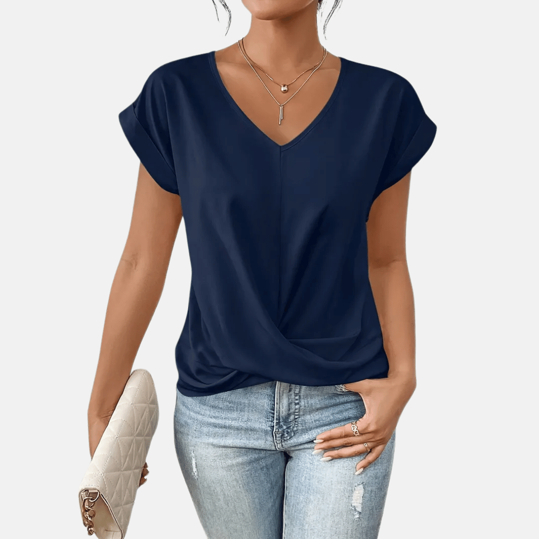 Kvinnors V-ringad Blus med Draperad Nedre Del