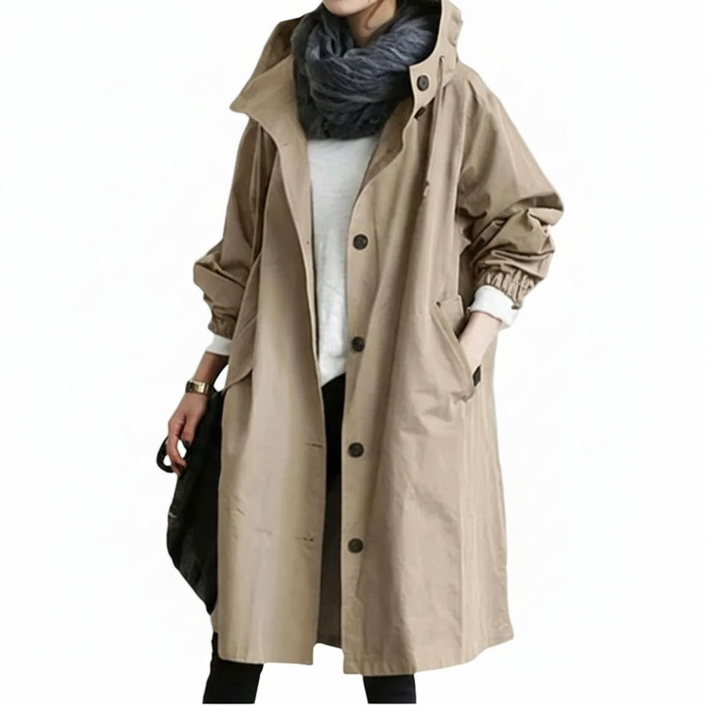 Voorkant beige lange regenjas waterdicht voor dames