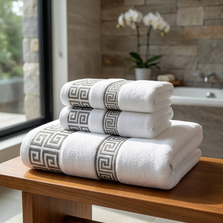 Athenra - Greek Key Embroidered Bath Towel Set