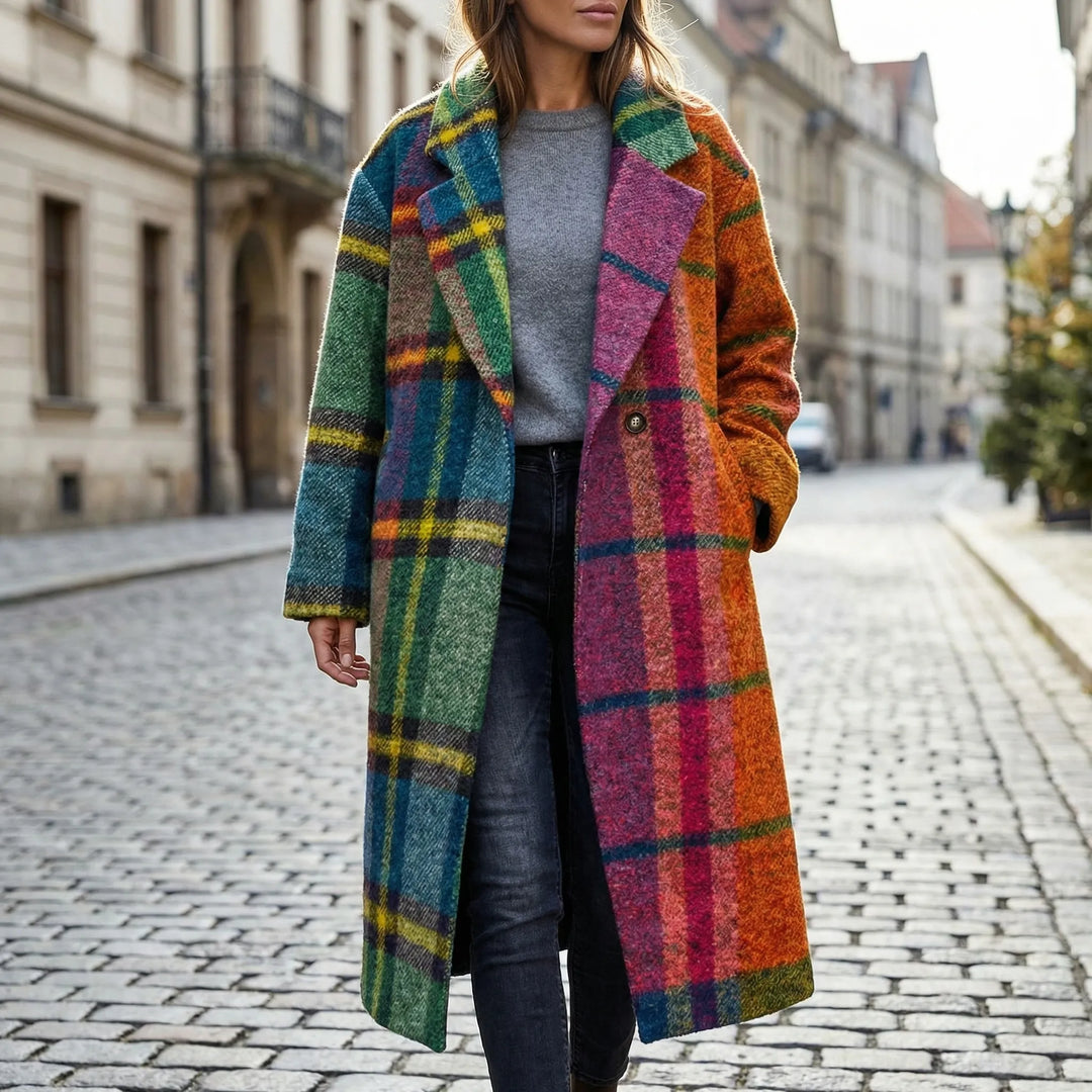 Autvella - Long Plaid Colorblock Overcoat