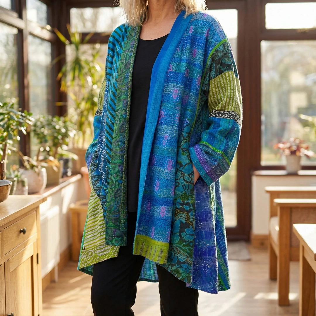 Blendova - Open-Front Printed Longline Cardigan