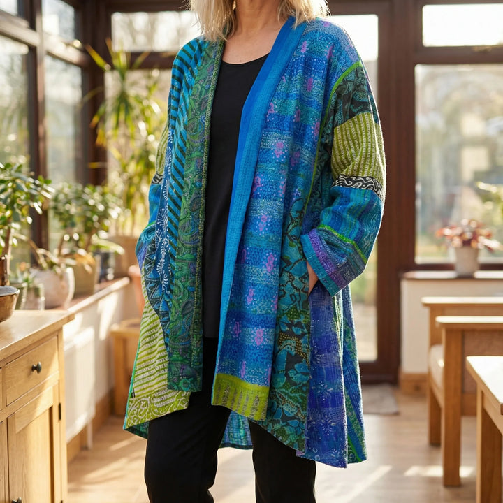 Blendova - Open-Front Printed Longline Cardigan