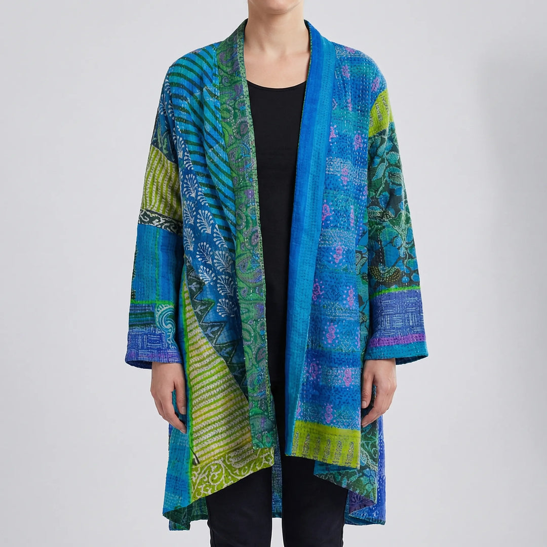 Blendova - Open-Front Printed Longline Cardigan