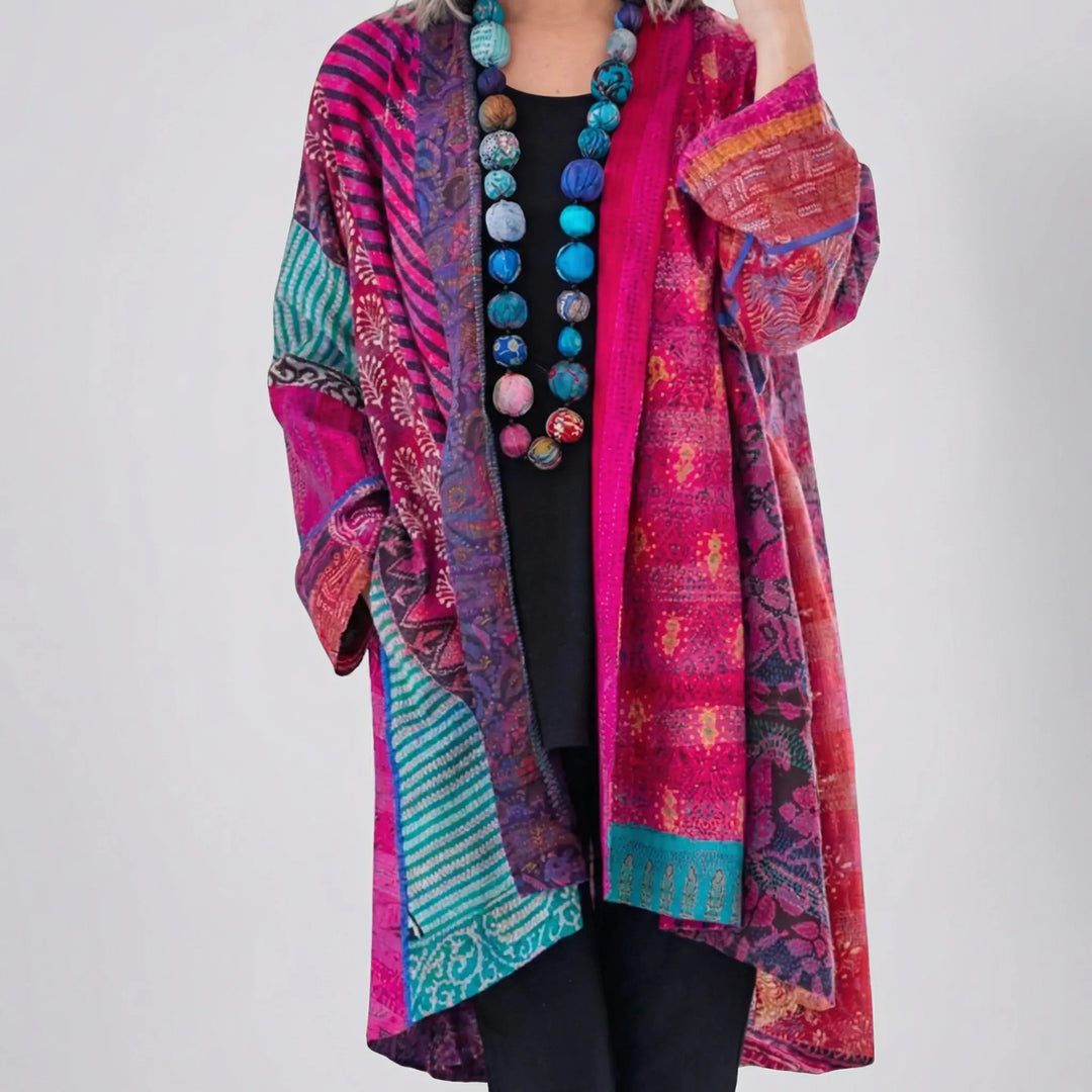 Blendova - Open-Front Printed Longline Cardigan