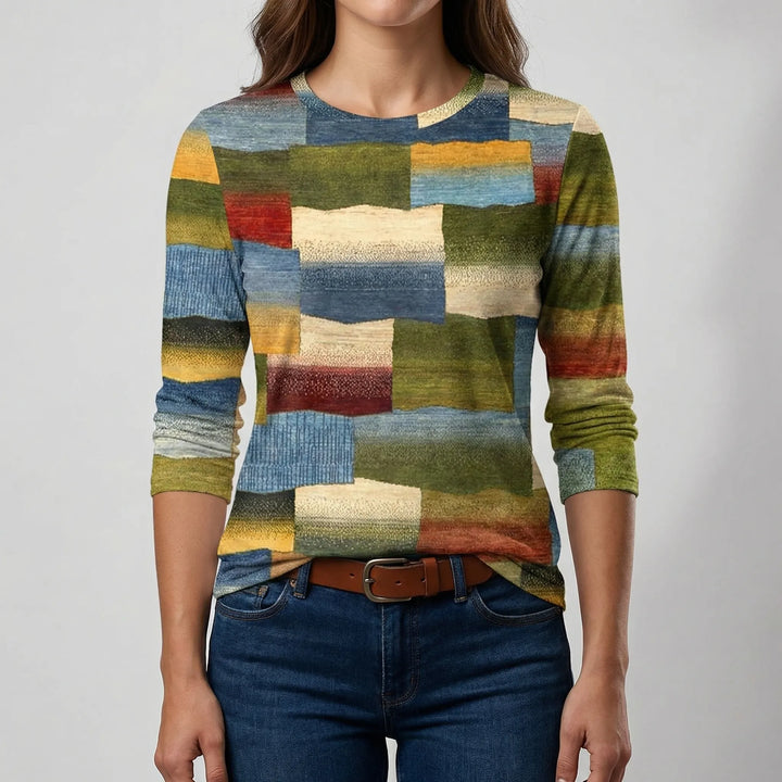 Blockova - Color-Block Long Sleeve Crew-Neck Top