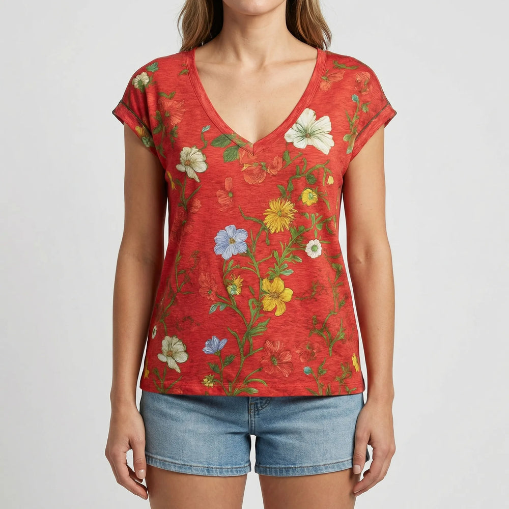 Blomsera - Floral Print V-Neck Short Sleeve Tee