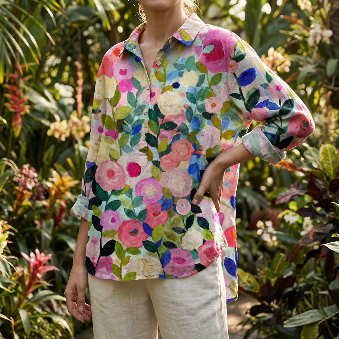 Bloomara - Long-Sleeve Floral Button-Down Blouse