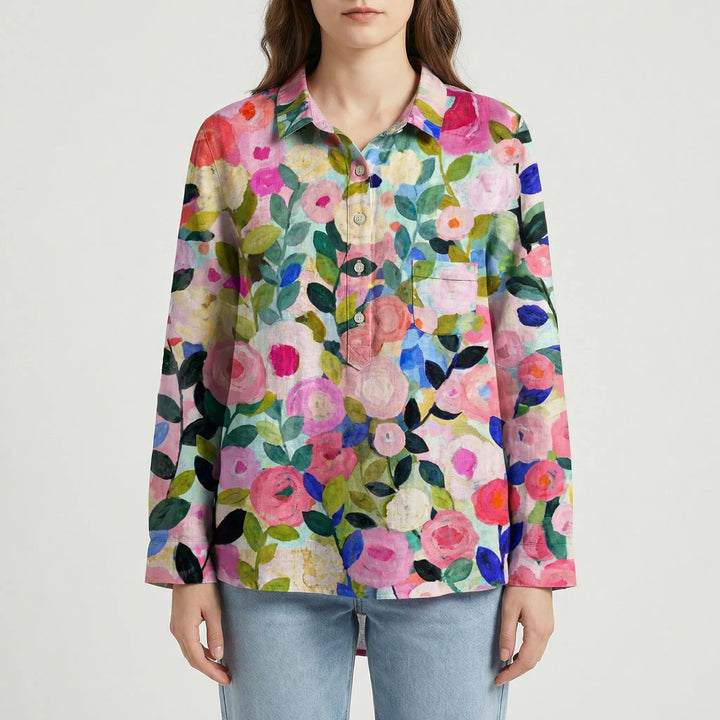 Bloomara - Long-Sleeve Floral Button-Down Blouse
