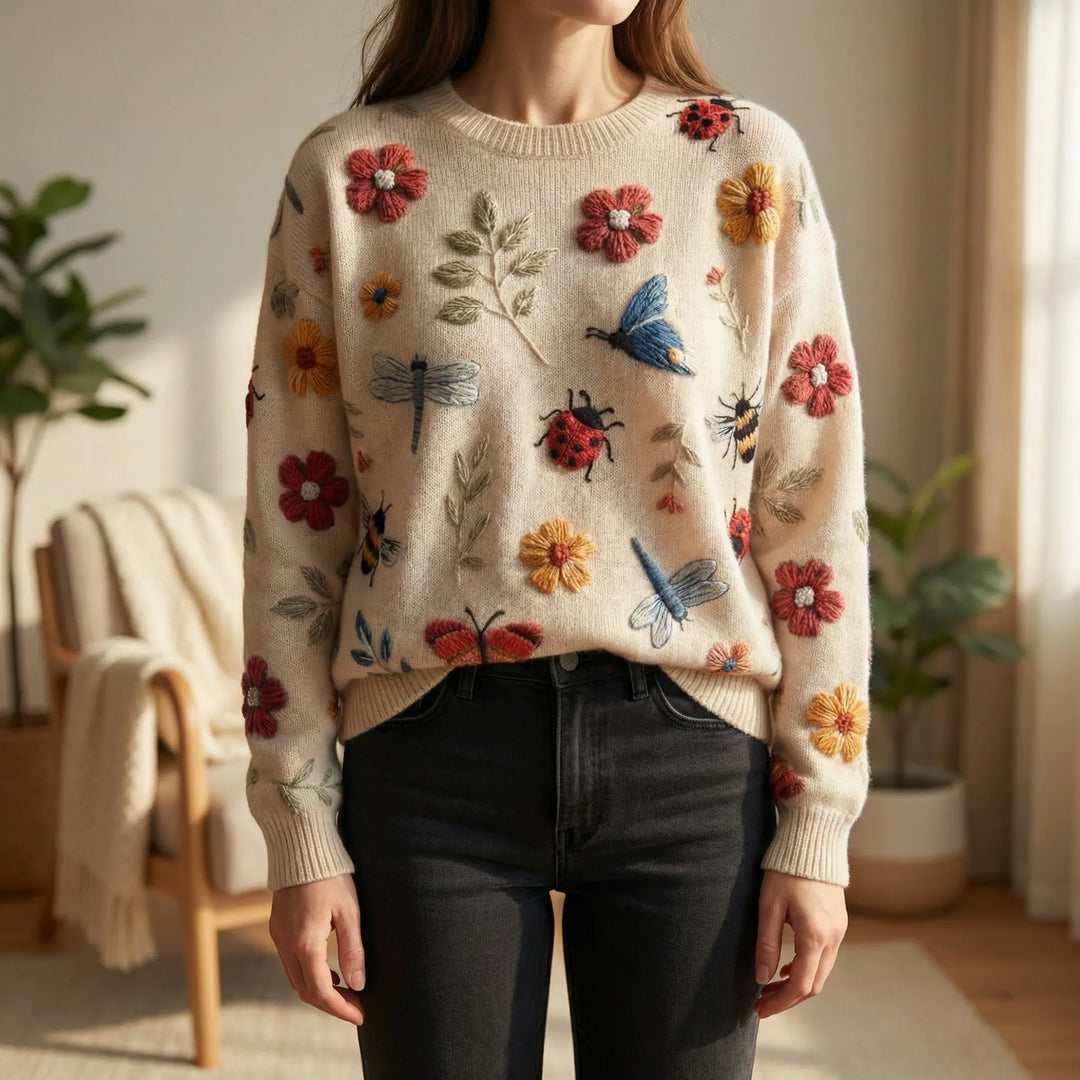 Bloomknit - Loose-Fit 3D Floral Embroidered Sweater