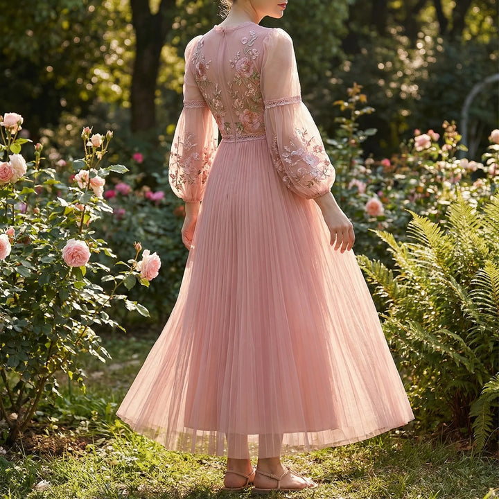 Blossamé - Floral Appliqué Mesh Midi Dress