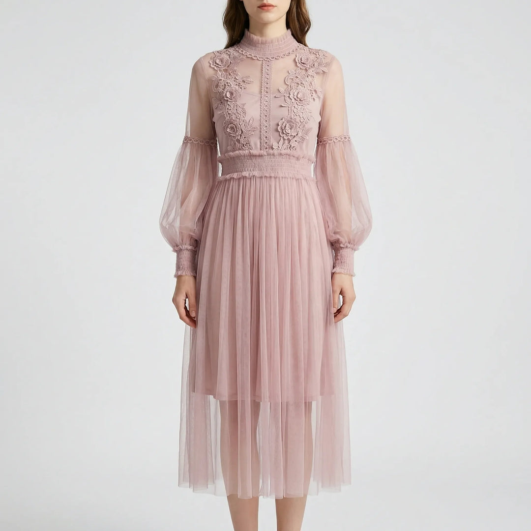 Blossamé - Floral Appliqué Mesh Midi Dress
