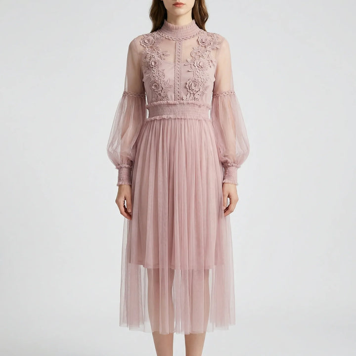 Blossamé - Floral Appliqué Mesh Midi Dress