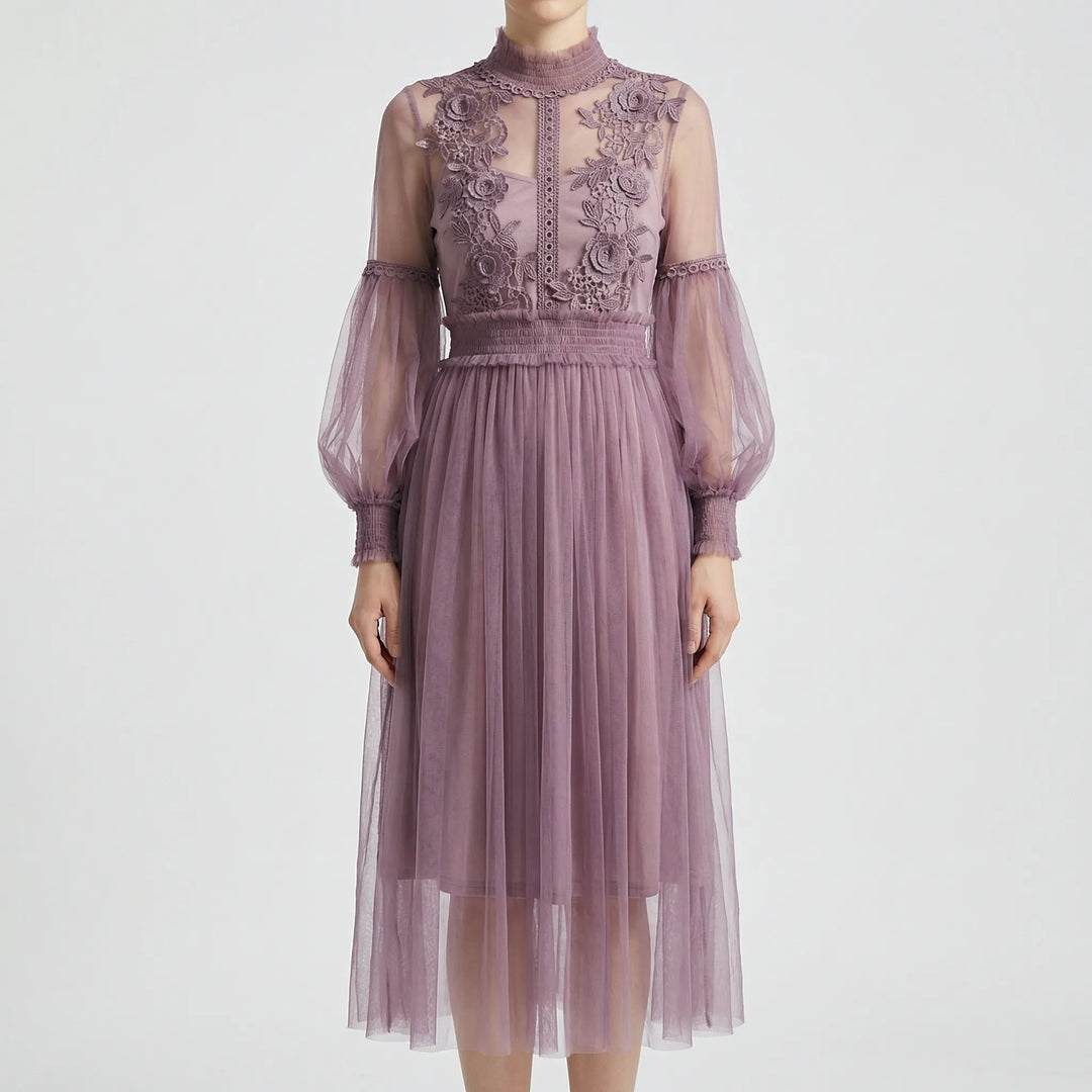 Blossamé - Floral Appliqué Mesh Midi Dress