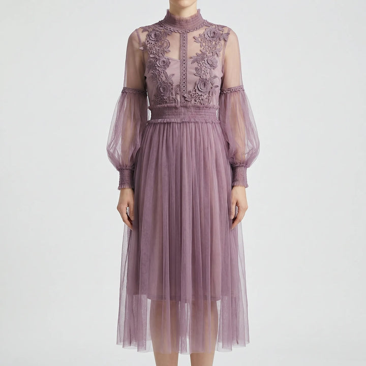 Blossamé - Floral Appliqué Mesh Midi Dress