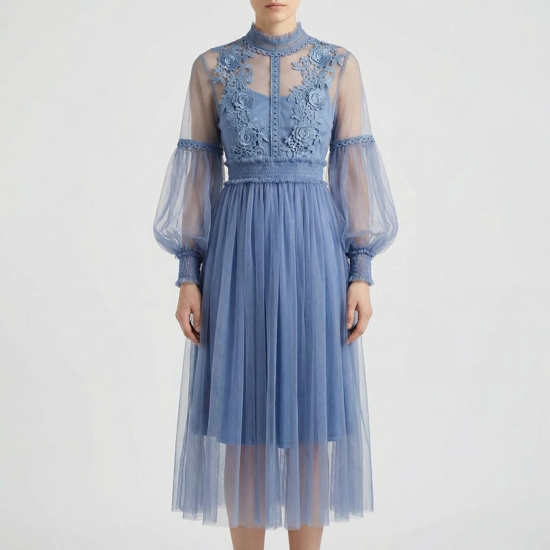 Blossamé - Floral Appliqué Mesh Midi Dress