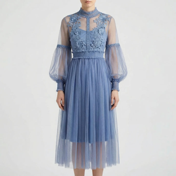 Blossamé - Floral Appliqué Mesh Midi Dress
