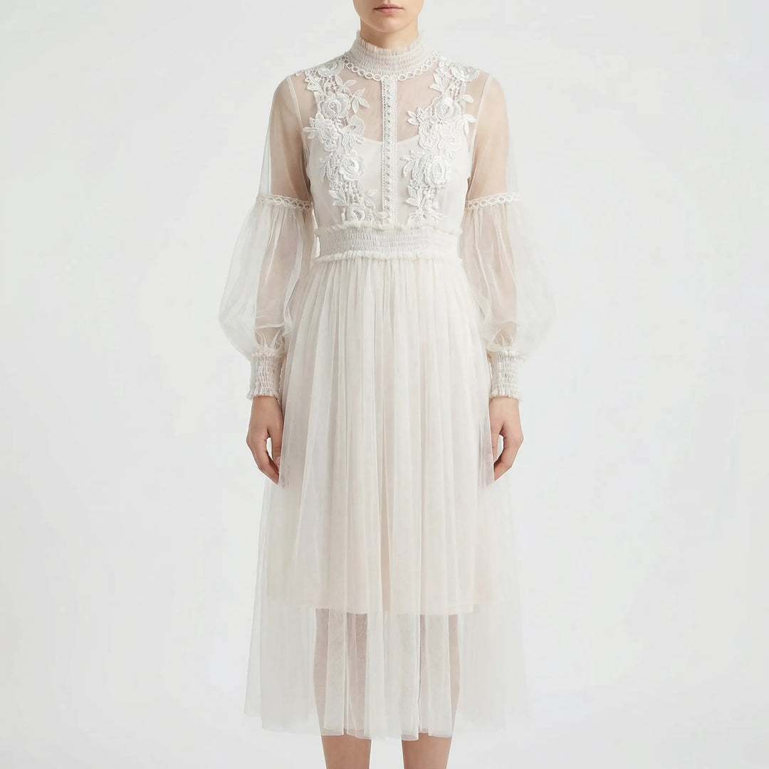 Blossamé - Floral Appliqué Mesh Midi Dress