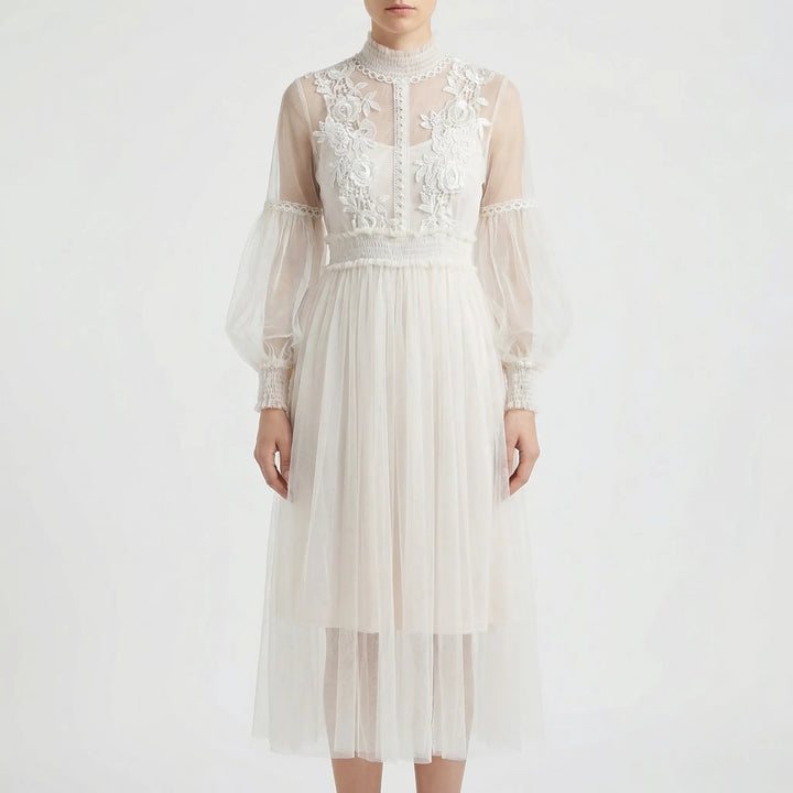 Blossamé - Floral Appliqué Mesh Midi Dress